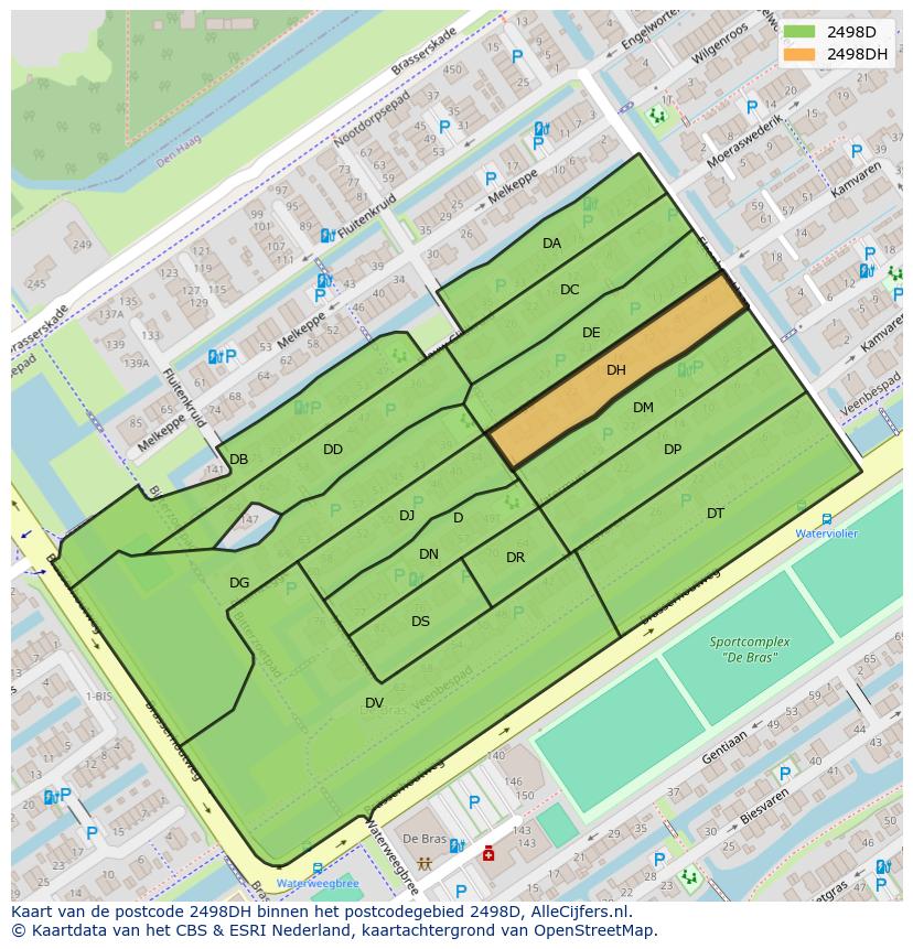 Afbeelding van het postcodegebied 2498 DH op de kaart.