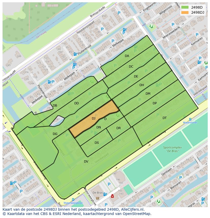 Afbeelding van het postcodegebied 2498 DJ op de kaart.