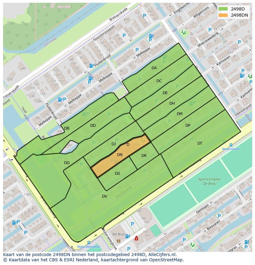 Afbeelding van het postcodegebied 2498 DN op de kaart.