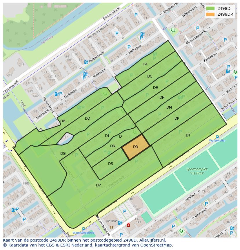 Afbeelding van het postcodegebied 2498 DR op de kaart.