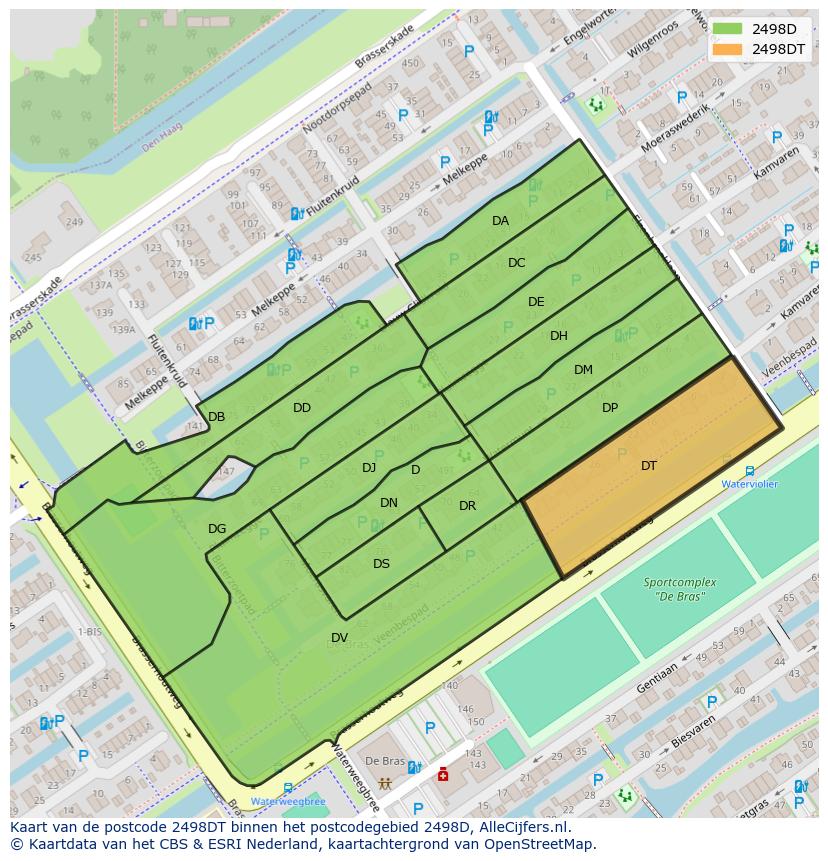 Afbeelding van het postcodegebied 2498 DT op de kaart.