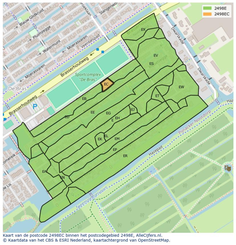 Afbeelding van het postcodegebied 2498 EC op de kaart.