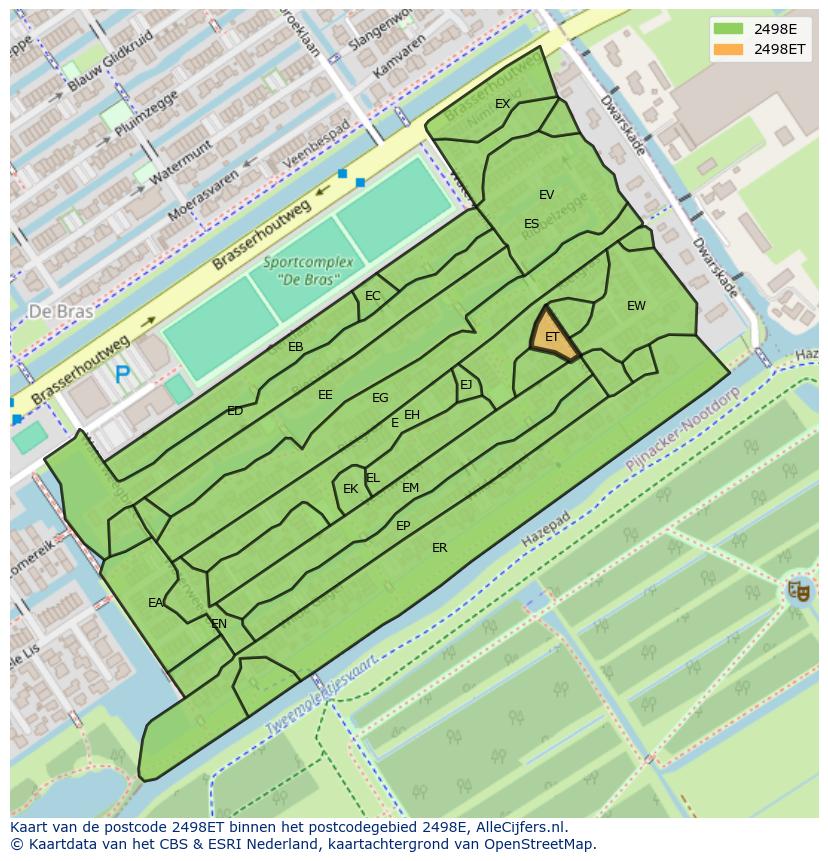 Afbeelding van het postcodegebied 2498 ET op de kaart.