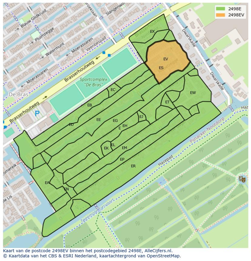 Afbeelding van het postcodegebied 2498 EV op de kaart.