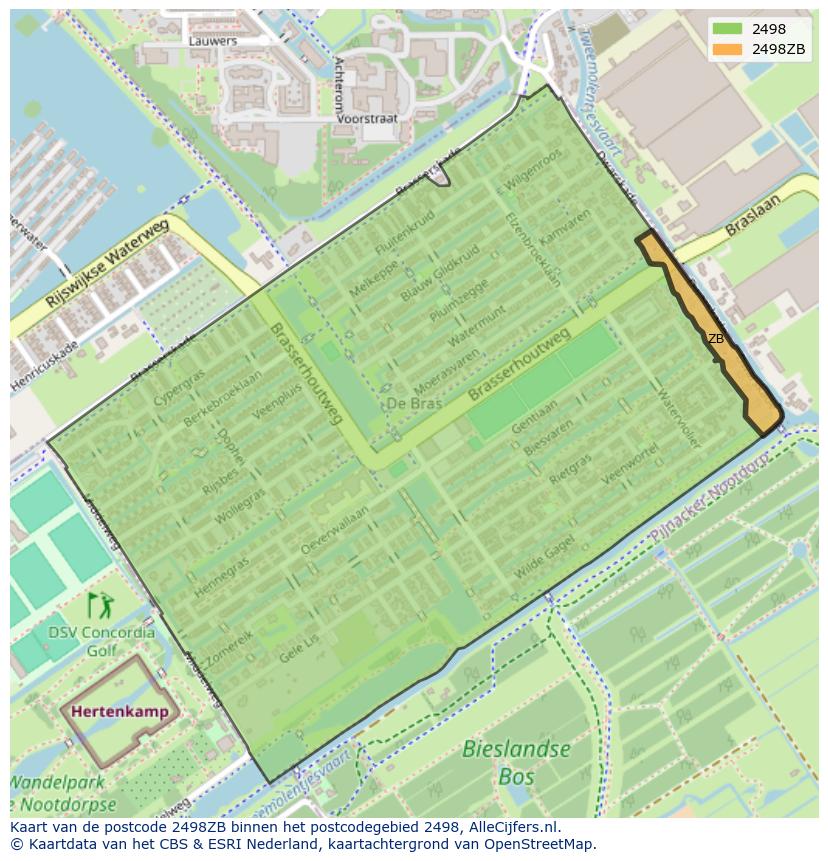 Afbeelding van het postcodegebied 2498 ZB op de kaart.