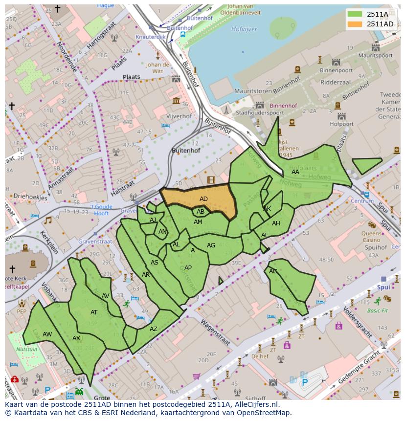 Afbeelding van het postcodegebied 2511 AD op de kaart.
