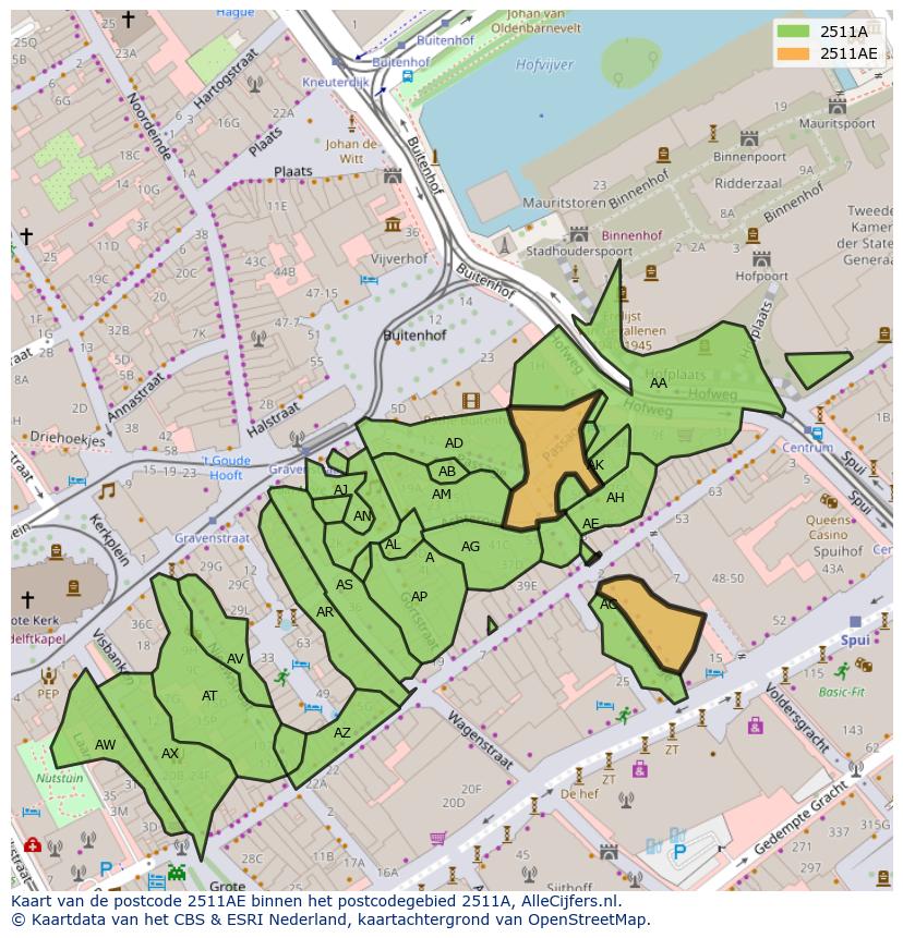 Afbeelding van het postcodegebied 2511 AE op de kaart.