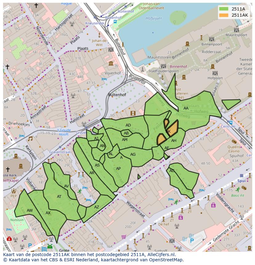 Afbeelding van het postcodegebied 2511 AK op de kaart.