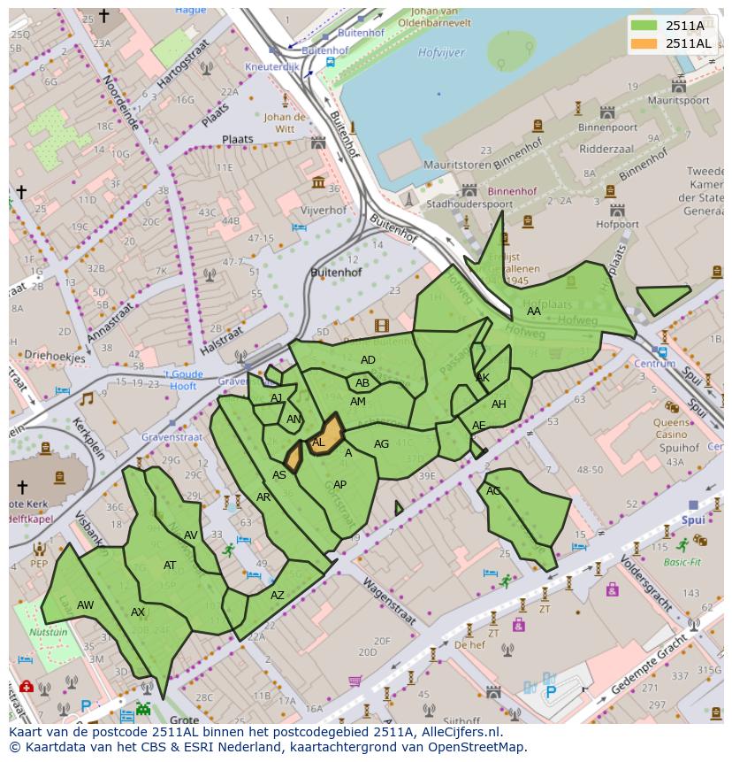 Afbeelding van het postcodegebied 2511 AL op de kaart.