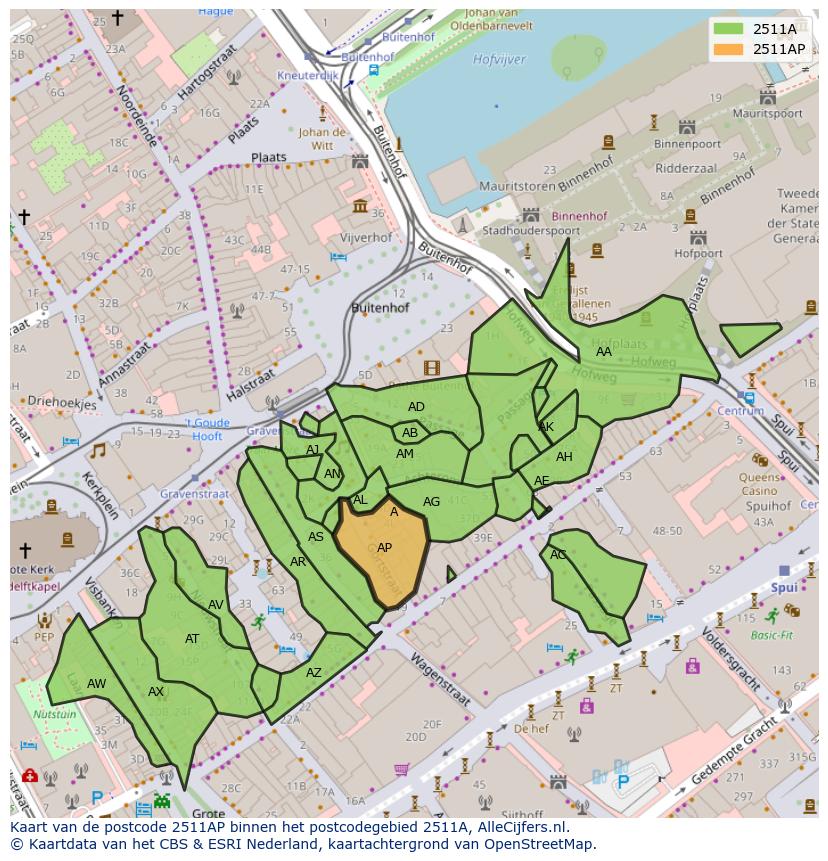Afbeelding van het postcodegebied 2511 AP op de kaart.