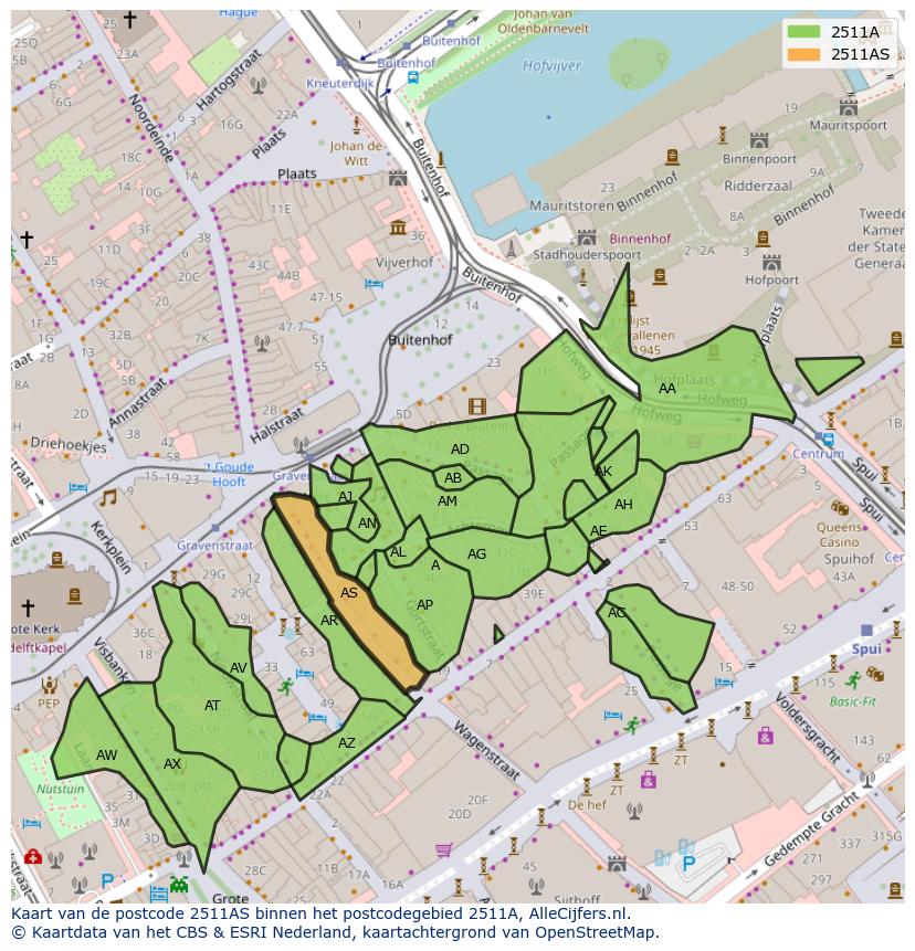 Afbeelding van het postcodegebied 2511 AS op de kaart.