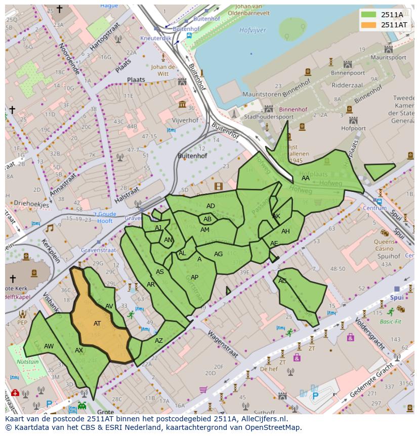 Afbeelding van het postcodegebied 2511 AT op de kaart.