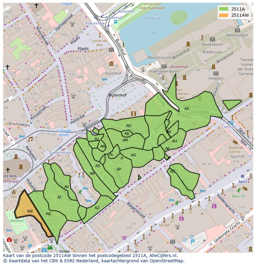 Afbeelding van het postcodegebied 2511 AW op de kaart.