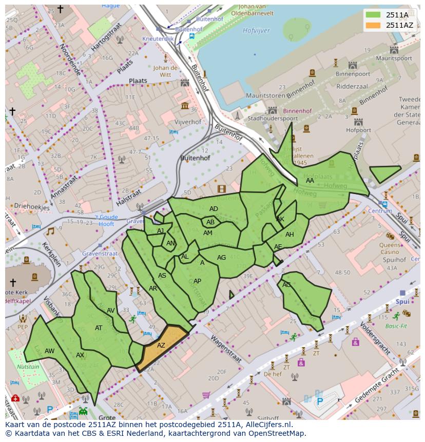 Afbeelding van het postcodegebied 2511 AZ op de kaart.