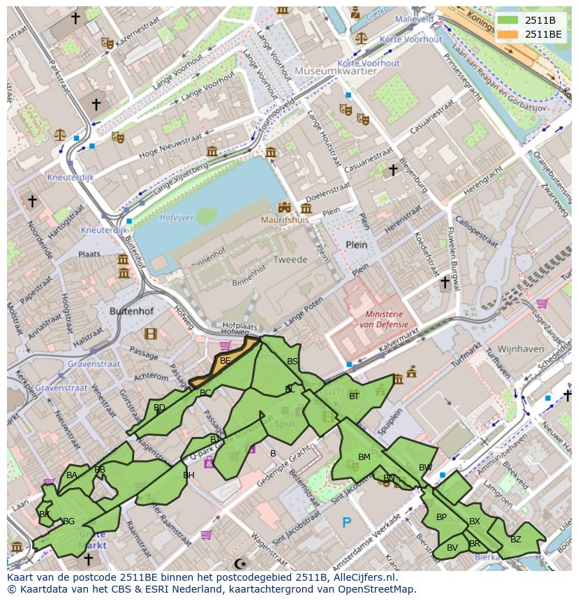 Afbeelding van het postcodegebied 2511 BE op de kaart.
