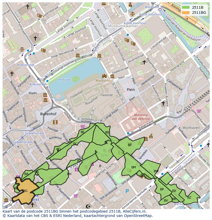 Afbeelding van het postcodegebied 2511 BG op de kaart.