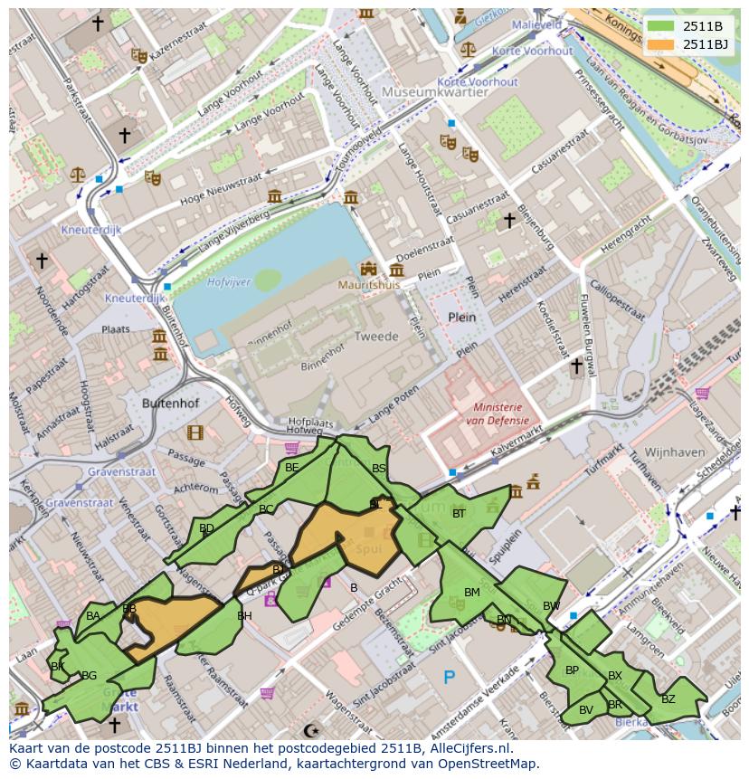 Afbeelding van het postcodegebied 2511 BJ op de kaart.
