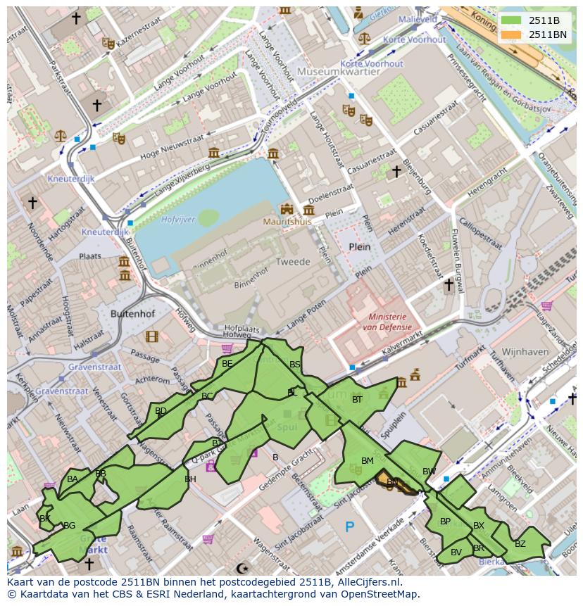 Afbeelding van het postcodegebied 2511 BN op de kaart.