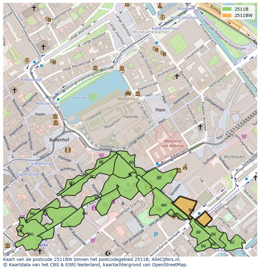 Afbeelding van het postcodegebied 2511 BW op de kaart.