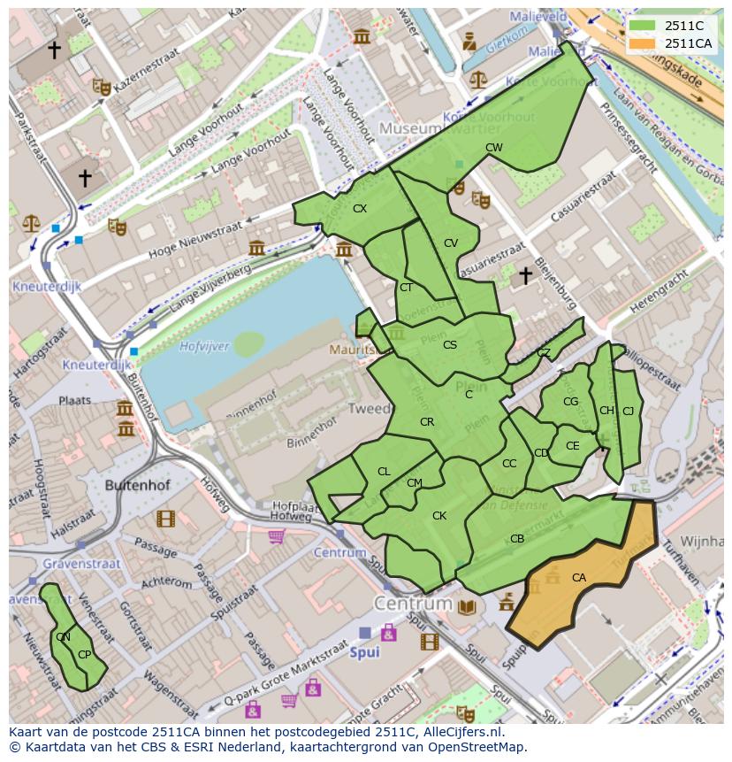 Afbeelding van het postcodegebied 2511 CA op de kaart.