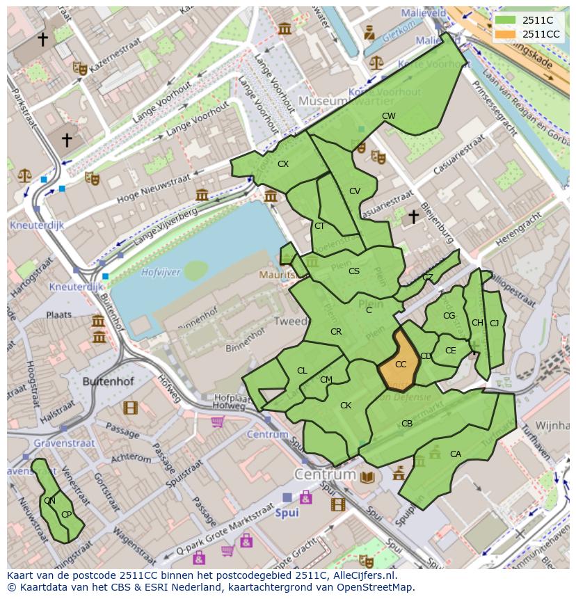 Afbeelding van het postcodegebied 2511 CC op de kaart.