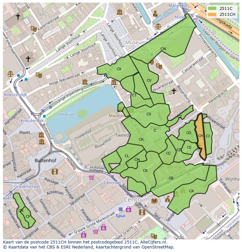 Afbeelding van het postcodegebied 2511 CH op de kaart.