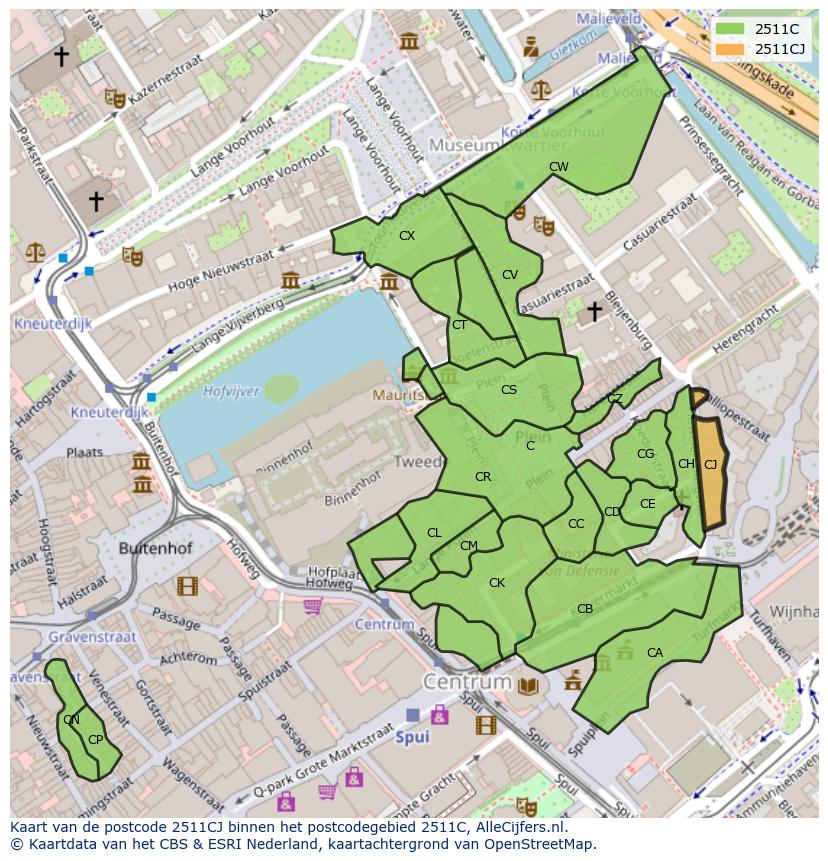 Afbeelding van het postcodegebied 2511 CJ op de kaart.