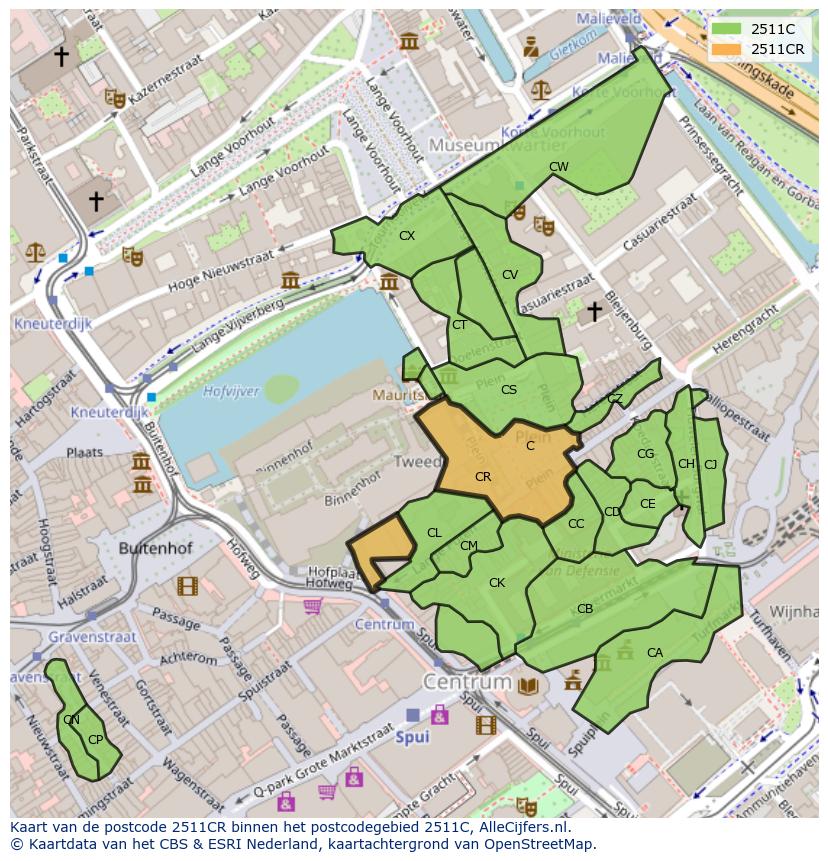 Afbeelding van het postcodegebied 2511 CR op de kaart.