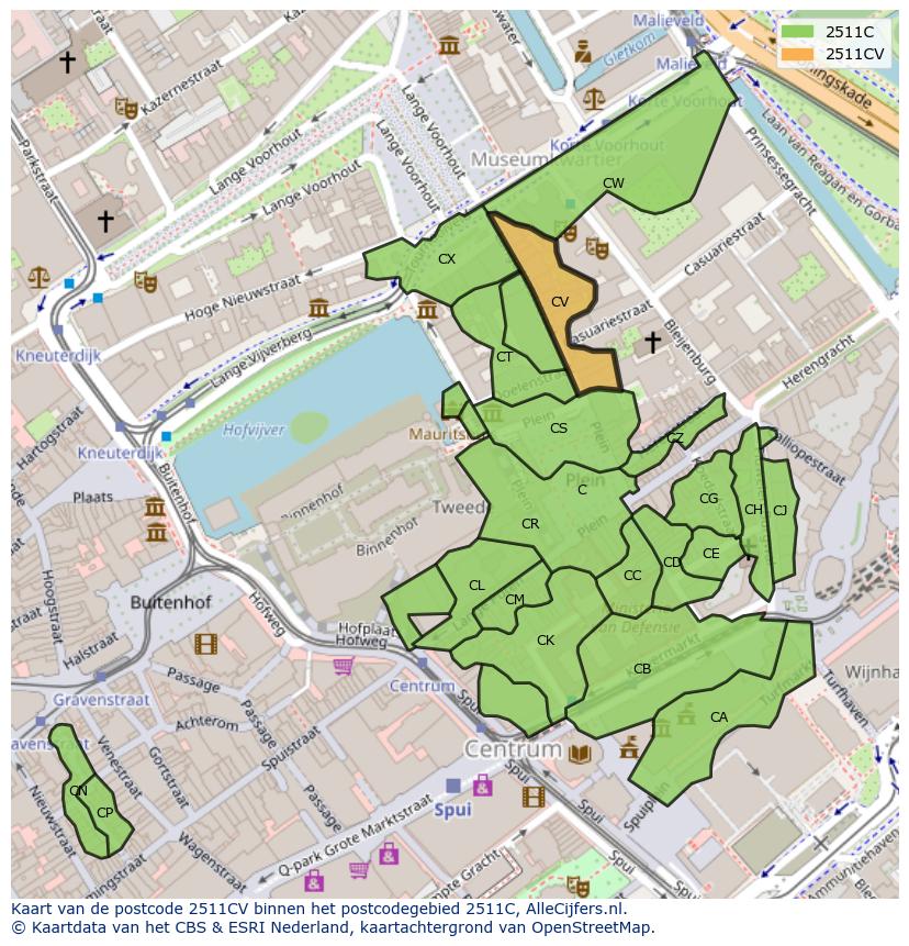 Afbeelding van het postcodegebied 2511 CV op de kaart.