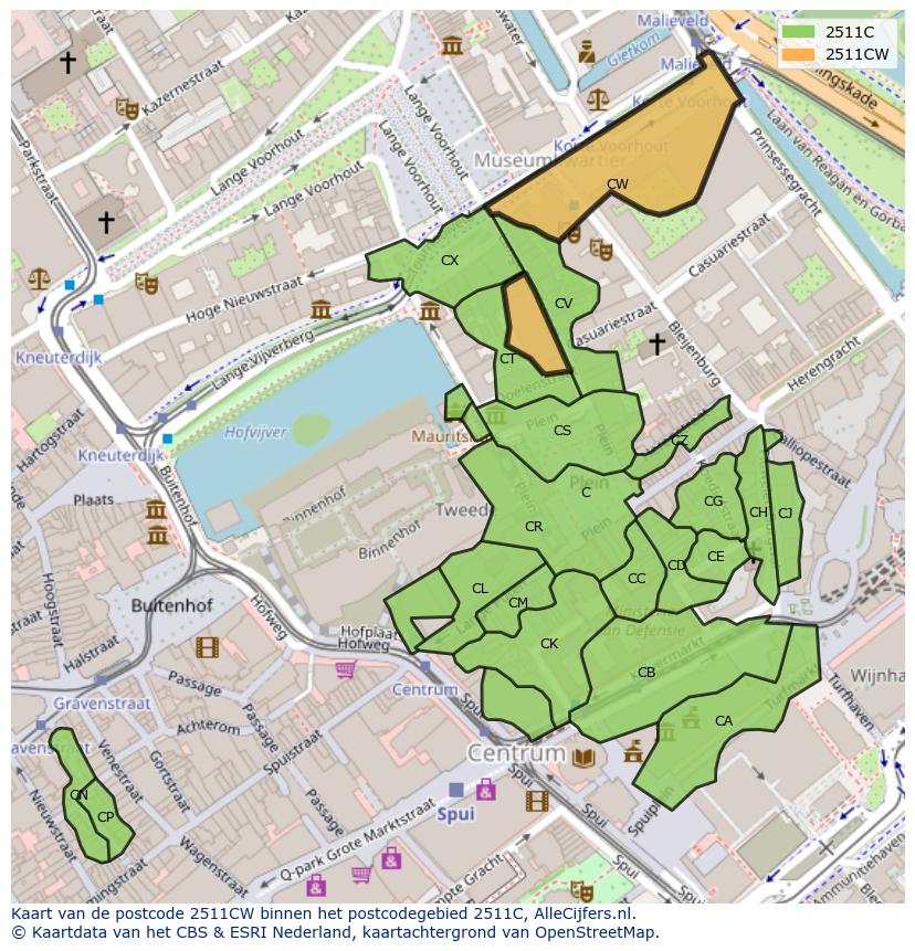 Afbeelding van het postcodegebied 2511 CW op de kaart.