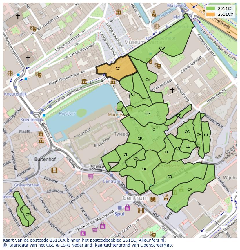 Afbeelding van het postcodegebied 2511 CX op de kaart.