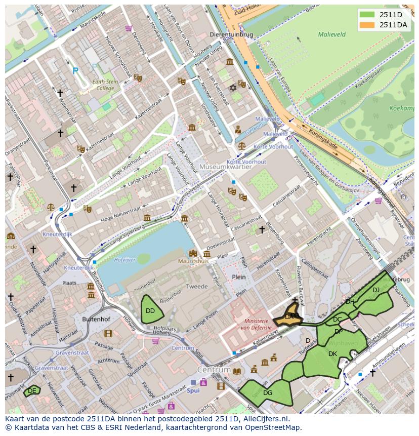 Afbeelding van het postcodegebied 2511 DA op de kaart.