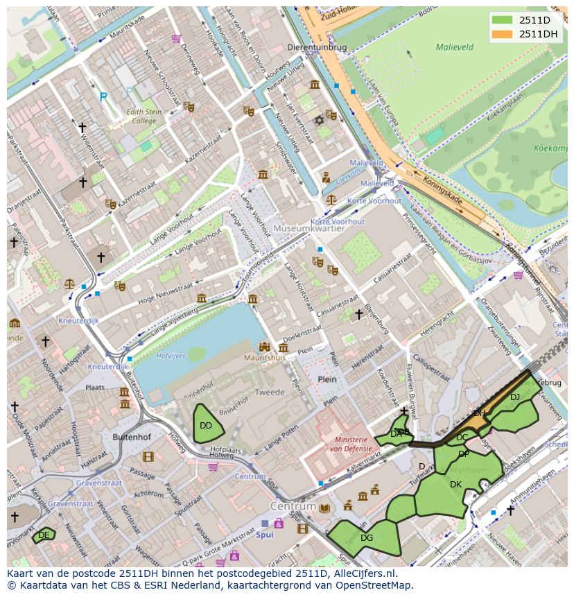 Afbeelding van het postcodegebied 2511 DH op de kaart.