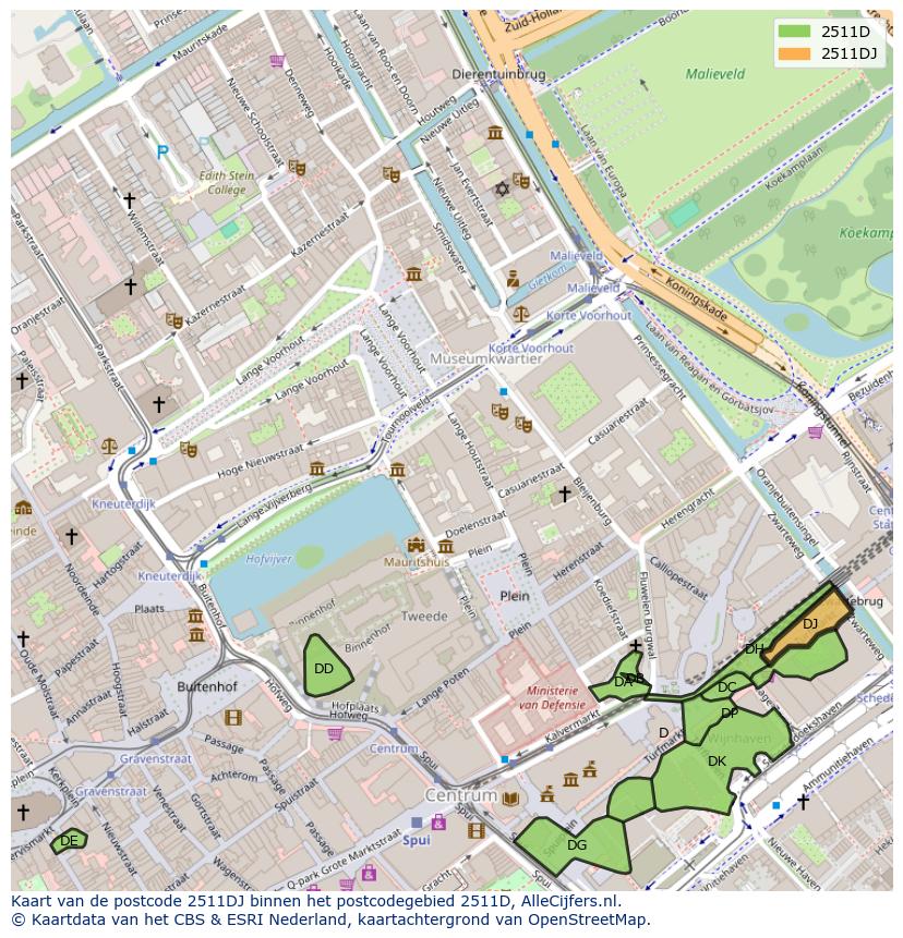 Afbeelding van het postcodegebied 2511 DJ op de kaart.