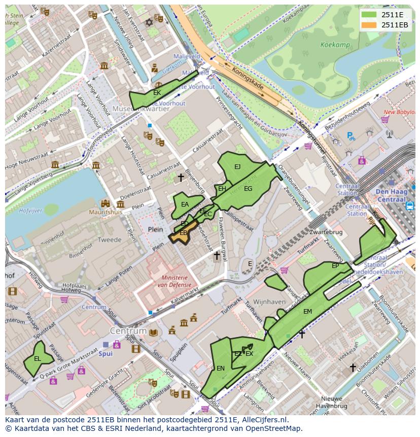 Afbeelding van het postcodegebied 2511 EB op de kaart.