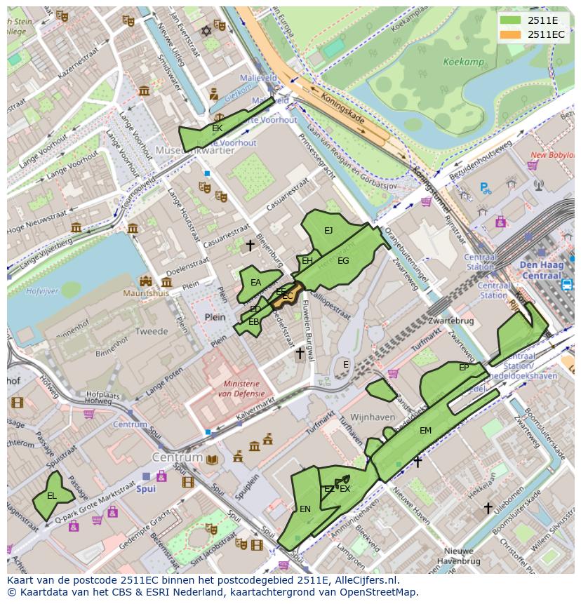 Afbeelding van het postcodegebied 2511 EC op de kaart.