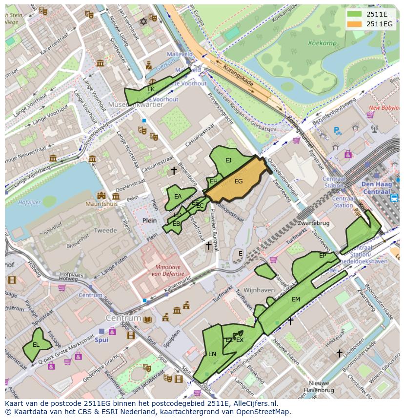 Afbeelding van het postcodegebied 2511 EG op de kaart.