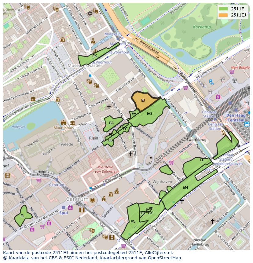 Afbeelding van het postcodegebied 2511 EJ op de kaart.