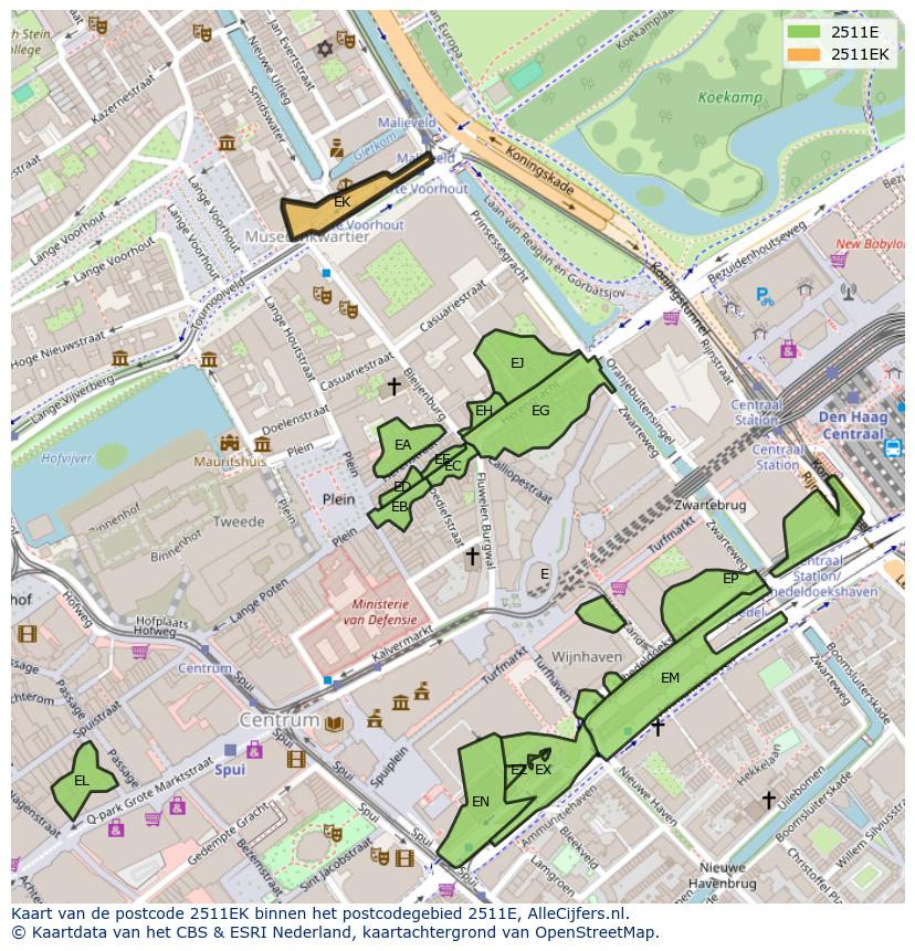 Afbeelding van het postcodegebied 2511 EK op de kaart.