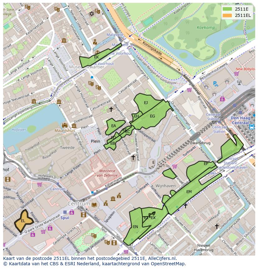 Afbeelding van het postcodegebied 2511 EL op de kaart.