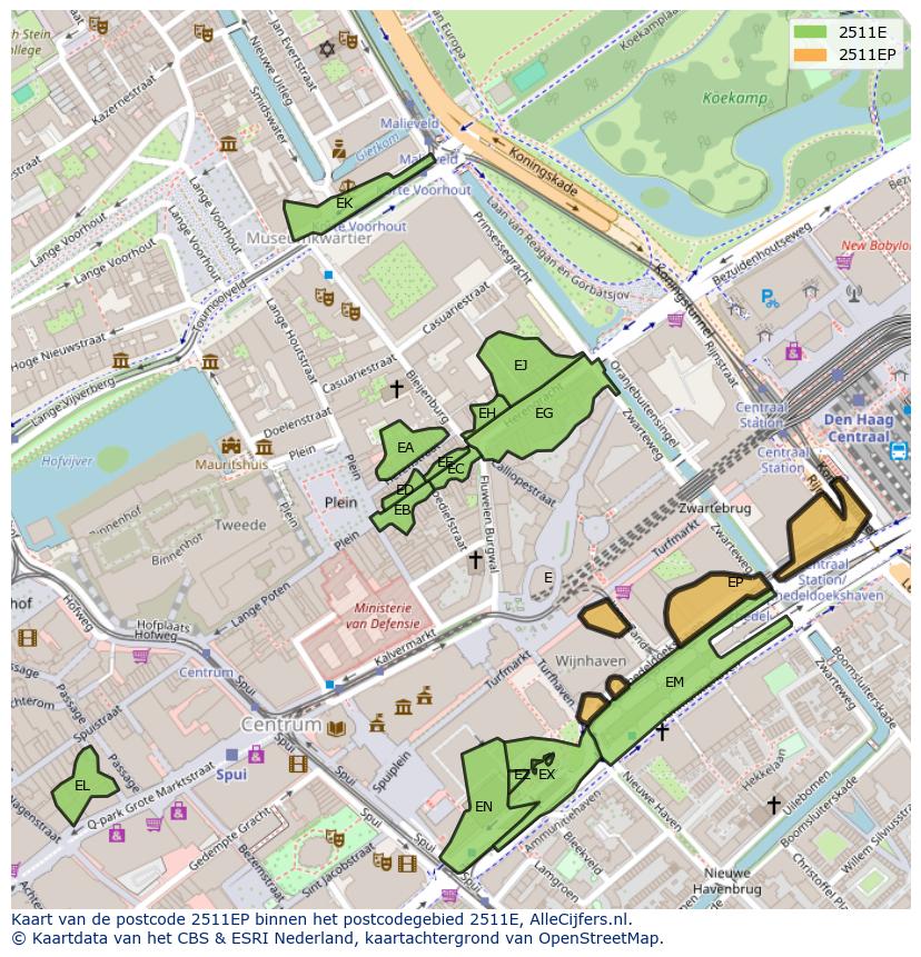 Afbeelding van het postcodegebied 2511 EP op de kaart.