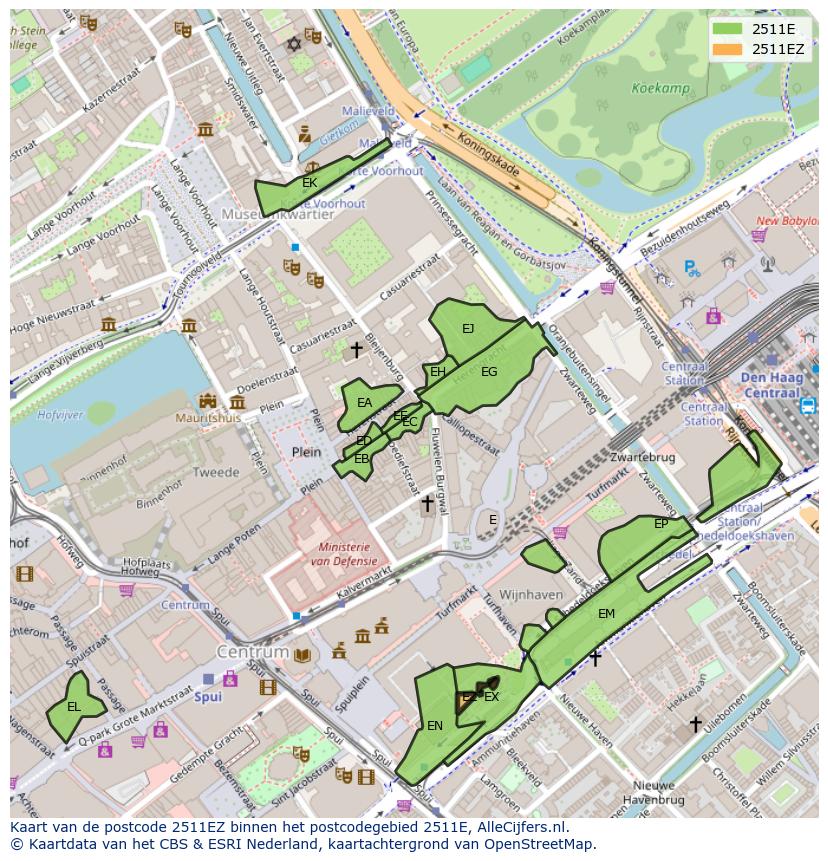 Afbeelding van het postcodegebied 2511 EZ op de kaart.