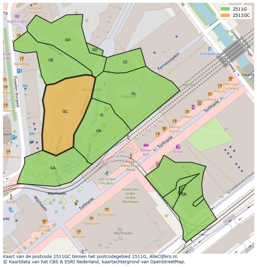 Afbeelding van het postcodegebied 2511 GC op de kaart.