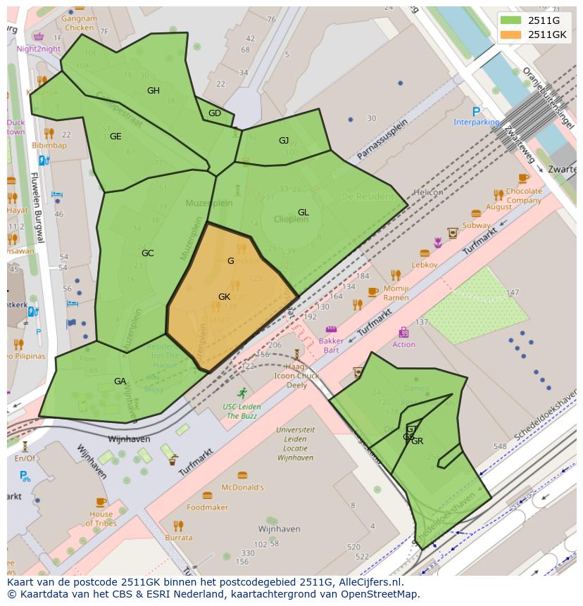 Afbeelding van het postcodegebied 2511 GK op de kaart.