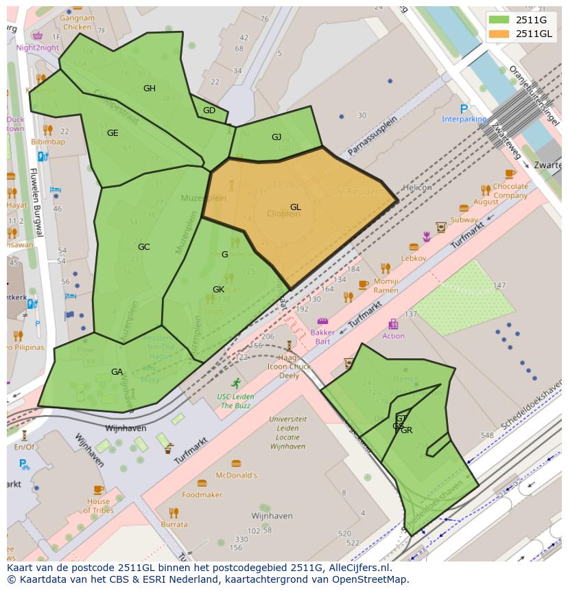 Afbeelding van het postcodegebied 2511 GL op de kaart.