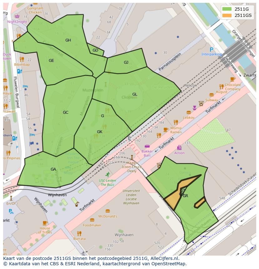 Afbeelding van het postcodegebied 2511 GS op de kaart.