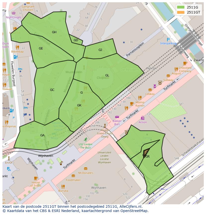 Afbeelding van het postcodegebied 2511 GT op de kaart.