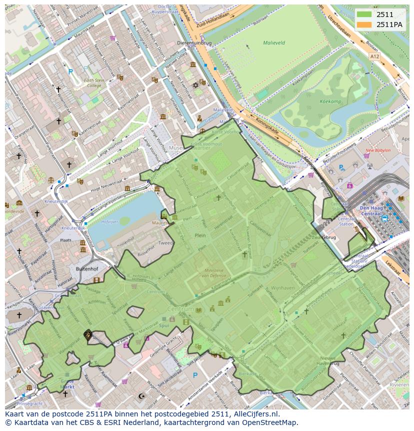 Afbeelding van het postcodegebied 2511 PA op de kaart.