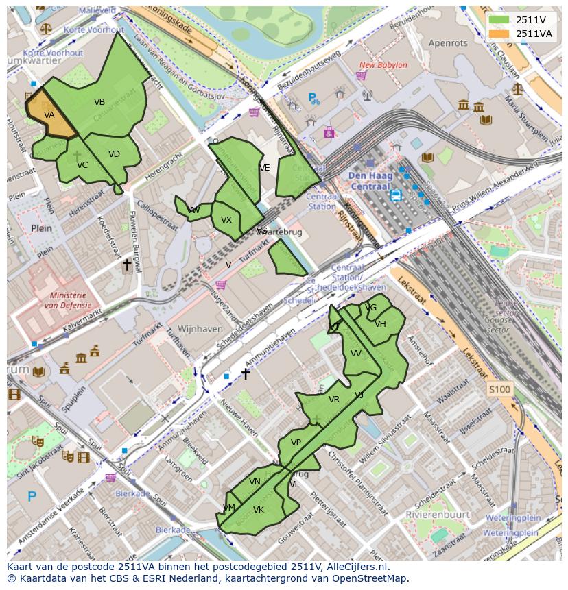 Afbeelding van het postcodegebied 2511 VA op de kaart.
