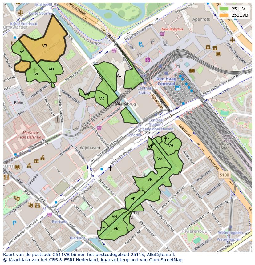 Afbeelding van het postcodegebied 2511 VB op de kaart.